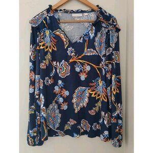 Belle by Kim Gravel Welcome Spring V Neck Top  Size Medium Blue Floral Ruffles
